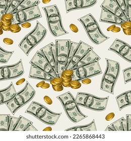 Seamless money pattern with random scattered 100 US dollar notes, dollar fan, stacks of coins on white background. Concept of success, wealth, luck, win. Vintage style