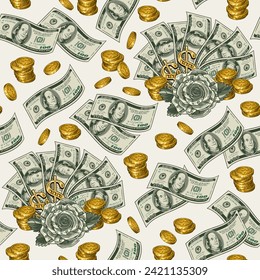 Seamless money pattern with scattered 100 US dollar notes, dollar fan with money rose, stacks of coins on white background. Concept of success, wealth, luck, win. Vintage style. Not AI