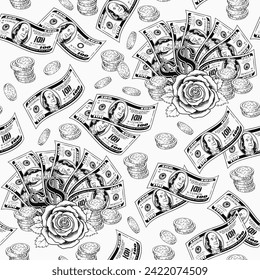 Seamless money pattern with scattered 100 US dollar notes, dollar fan with money rose, stacks of coins on white background. Concept of success, wealth, luck, win. Vintage style. Not AI