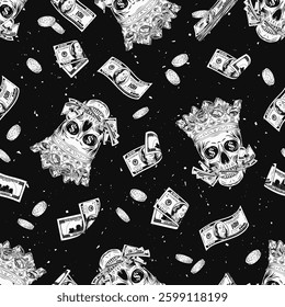 Seamless money pattern with skull in crown, scattered coins, flying 100 dollar banknotes. Concept of money power, wealth, success, money addiction. Vintage style