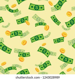 Seamless money rain pattern, Falling dollar banknotes and coin on pale yellow background, Pattern graphic style, Vector illustration