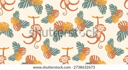 Seamless monkey pattern with fun and energetic monkey illustrations combined with tropical leaves