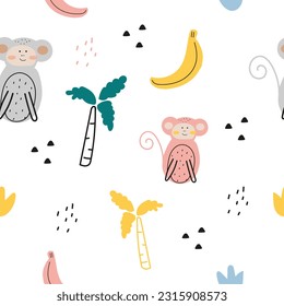 Seamless monkey pattern. Hand drawn cute vector childish illustration. 