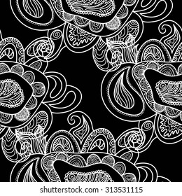 Seamless monochromatic background with abstract ornaments, vector illustration.