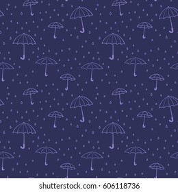 Fundo monocromático contínuo de guarda-chuvas e gotas de chuva, Rainy tempo conceito line art 