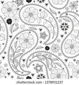 Seamless monochromatic black pattern with paisley and flowers on transparent background. Vector image. Eps 8