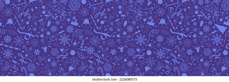 Seamless Monochromatic Christmas banner with blue Christmas elements. Vector Illustration. EPS 10.