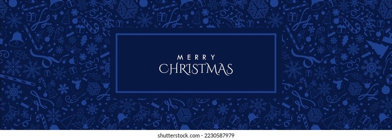 Seamless Monochromatic Dark Blue Christmas banner with blue Christmas elements and copy space in center. Vector Illustration. EPS 10. Perfect for banners, headers, covers, prints, repeating patterns.