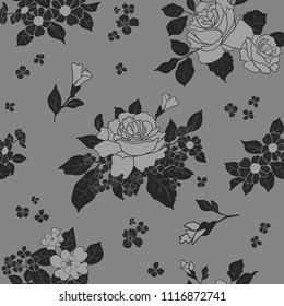 Seamless monochromatic gray scale luxury pattern - roses in blossom on gray background. Vector illustration.