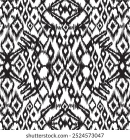 Padrão de ikat monocromático contínuo. Impressão vetorial repetida com um desenho de motivo preto étnico em um fundo branco. Padrão têxtil de vestuário. Ilustração desenhada à mão.