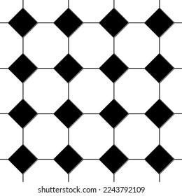 Seamless monochromatic pattern of diagonal squares joined by a network of lines.