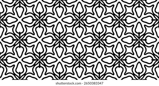 A seamless, monochromatic pattern featuring a repeating arrangement of stylized floral or starburst shapes with bold black outlines on a white background.