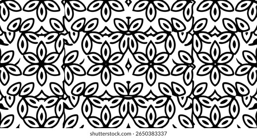 A seamless monochromatic pattern featuring stylized floral motifs with rounded petals arranged symmetrically. The design evokes a sense of intricate lace or delicate filigree.
