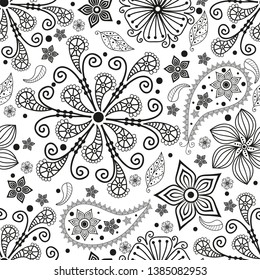 Seamless monochromatic pattern with paisley and flowers on transparent background. Vector image. Eps 8