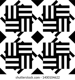 Seamless monochromatic textured with black and white geometric elements. Modern pattern with black and white stripes. Weaved texture background with optical illusion effect
