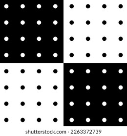 Seamless monochromatic vector graphic of alternate black and white quarters, each with sixteen small contrasting dots