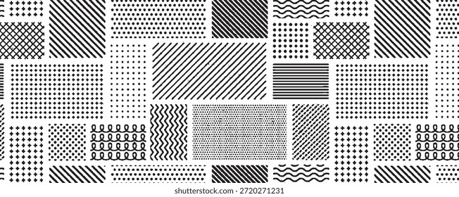 Patrón abstracto monocromo sin fisuras con una mezcla dinámica de texturas geométricas que incluyen rayas, puntos, ondas y anillos, ideal para fondos contemporáneos o diseños textiles