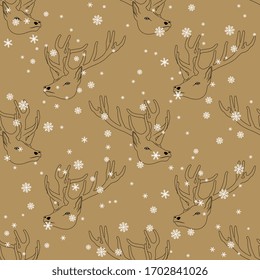 Seamless monochrome animal pattern with deer heads and snowflakes. Stag with antlers. Winter decor.