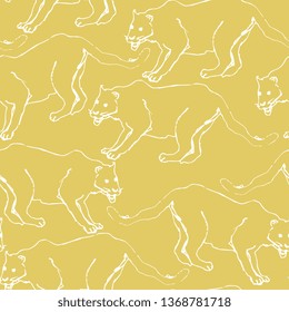 Seamless monochrome animal pattern with hand drawn silhouettes of panthers or pumas.