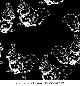 Seamless monochrome animal pattern with hand drawn sketches of squirrel. White silhouettes on black background. Vintage style.