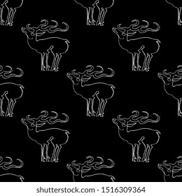 Seamless monochrome animal pattern with hand drawn linear silhouettes of stylized elk or deer Ancient Siberian Scythian motif.