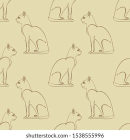 Seamless monochrome animal pattern with linear sketches of ancient Egyptian sacred cats. 