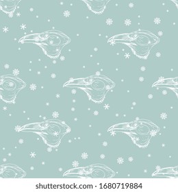 Seamless monochrome animal pattern with raven's head and snowflakes. Hand drawn linear sketches.