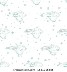 Seamless monochrome animal pattern with raven's head and snowflakes. Hand drawn linear sketches.