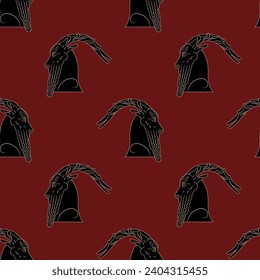 Seamless monochrome animal pattern with silhouetted heads of goat in profile. Ancient Greek ethnic design. Vase painting style. Black silhouettes on red background.