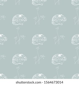Seamless monochrome animal pattern with silhouettes of American pika and blades of grass. (Ochotona princeps). Hand drawn linear sketch.