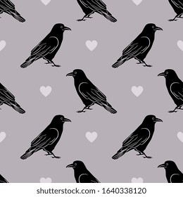Seamless monochrome animal pattern with silhouettes of ravens and heart shapes.