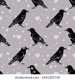 Seamless monochrome animal pattern with silhouettes of ravens, heart shapes and snowflakes.
