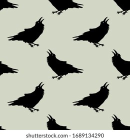 Nahtlose monochrome Tiermuster mit Silhouetten von weinenden Raben.