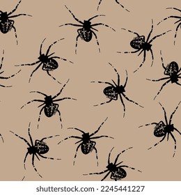 Seamless monochrome animal pattern with spiders. Black silhouettes on brown beige background. Halloween design. 