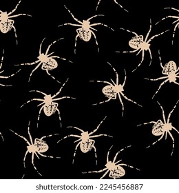 Seamless monochrome animal pattern with spiders. Beige silhouettes on black background. Halloween design. 