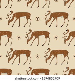 Seamless monochrome animal pattern with stylized grazing deer.