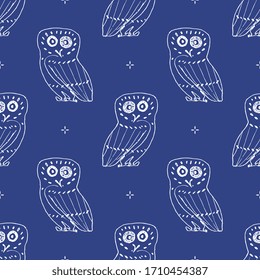 Seamless monochrome animal pattern with stylized owls. Ancient Greek motifs. Hand drawn doodle sketches. 