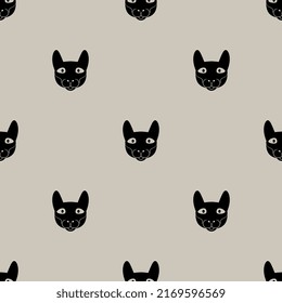 Seamless monochrome animal pattern with stylized funny cat faces. Black silhouettes on white background.