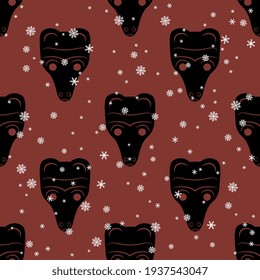 Seamless monochrome animal winter pattern with bear heads and snowflakes. Ancient Siberian totem.