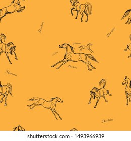 seamless monochrome background, black outline of a running horse on a color background, ink drawing, silhouettes and contours