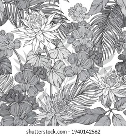 Seamless monochrome background with floral elemants, orchid flowers and tropical plants