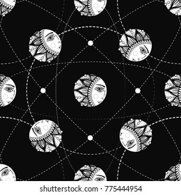 Seamless monochrome background with graphic sun faces moving on trajectory in space/sky