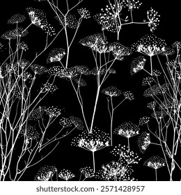 Seamless monochrome background grass dill with seeds. Hand drawing. Not AI, Vector illustration.