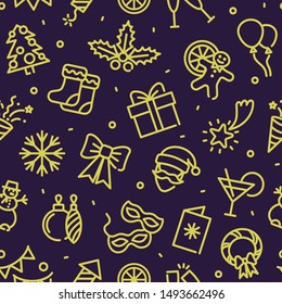 Seamless monochrome background with linear symbols of Christmas and new year