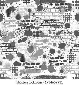 A seamless monochrome background of spots and brickwork. Vector illustration