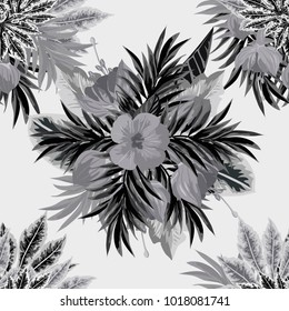 Seamless monochrome background with tropical flowers. Design for fabric, wallpaper, gift wrapping. Printing for silk, cotton and home textiles. Vintage of natural drawing. Vector.