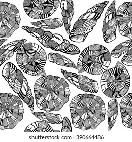 Seamless monochrome background with zentangle seashells