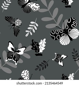 Seamless monochrome black and white background pattern with abstract butterfly for printing on textiles or paper. Vector illustration in a hand-drawn style.