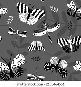 Seamless monochrome black and white background pattern with abstract butterfly and dragonfly for printing on textiles or paper. Vector illustration in a hand-drawn style.