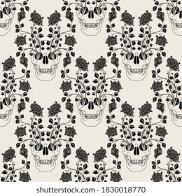 Seamless monochrome black and white pattern with human skulls and rose branches. Creative Halloween design. Mexican Day of the Dead. Dia de los Muertos.